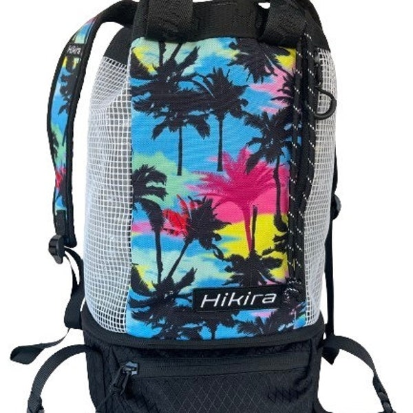 Hikira Drawstring Backpack - Palm Tree-Small w/Trolley Sleeve. See-Through Mesh Bucket Design with Wet/Cooler for beach, weekender travel.