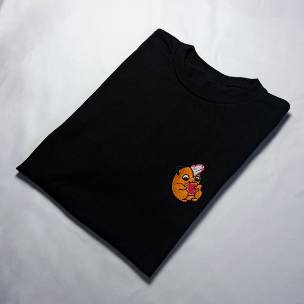 Schwarz-weißes T-Shirt mit Stickerei, Unisex-Baumwolle, Pochita-Kettensägen-Mann-Geschenkidee