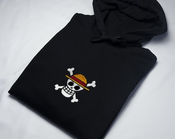 Hoodie Unisexe Brodé Coton Noir Blanc Gris Beige One Piece Luffy Equipage Pull Sweatshirt Idée Cadeau