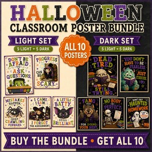 Funny Halloween Classroom Posters Bundle, Beige and Black Set of 10, Punny Growth Mindset Quotes, Printable Bulletin Board Decor