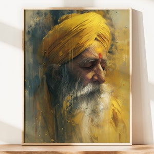 Op de afbeelding: Een portret van een man met een lange witte baard die een gele tulband draagt. De man heeft een rode stip op zijn voorhoofd en zijn ogen zijn gesloten. De achtergrond is een wazige aquarelstijl.