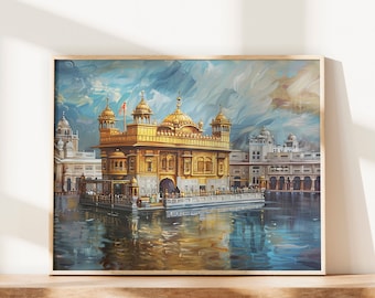 May include: A painting of the Golden Temple in Amritsar, India. The temple is a large, golden building with a dome and a reflecting pool in front of it. The sky is blue with white clouds.