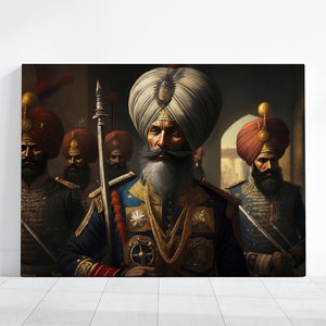 Puede incluir: Un grupo de hombres con uniformes militares ornamentados y turbantes se ponen en fila. El hombre del centro lleva un uniforme azul y dorado con un turbante blanco y una larga barba blanca. Los hombres sostienen espadas y lanzas.