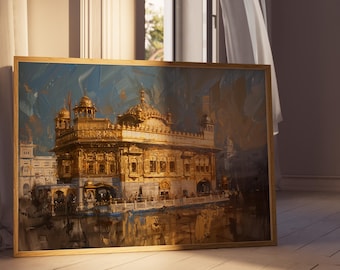 Può includere: Un dipinto incorniciato di un tempio dorato con dettagli intricati su uno sfondo di cielo blu. Il tempio si riflette in uno specchio d'acqua in primo piano.