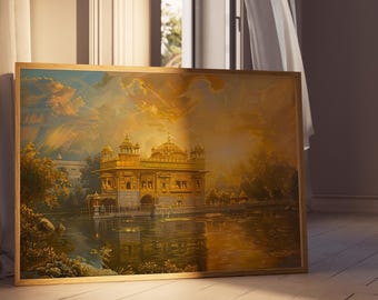 Op de afbeelding: Een ingelijst schilderij dat een gouden tempel met een reflecterende vijver ervoor afbeeldt. De tempel is omringd door bomen en de lucht is helderblauw met witte wolken.