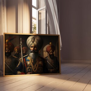 May include: A framed oil painting depicting a group of men in traditional Indian attire. The central figure is a man with a long white beard wearing a blue and gold uniform and a turban. The other men are wearing red turbans and holding swords.