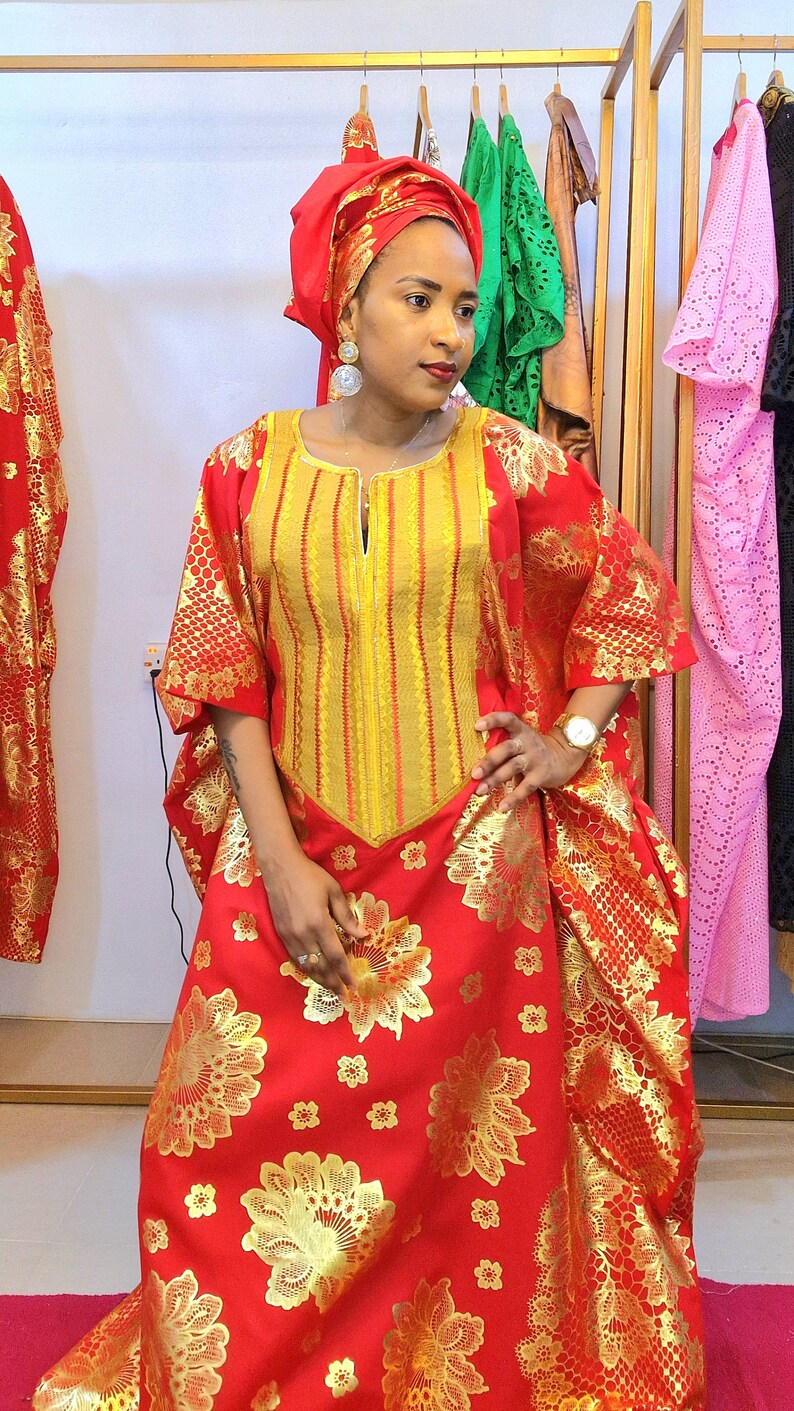 Ankara Damask Boubou / Embroidered Boubou / Ready to Wear Bubu / Wax Boubou / Loose Wax Dress / Red Wax Dress / Dress with Scarf image 2