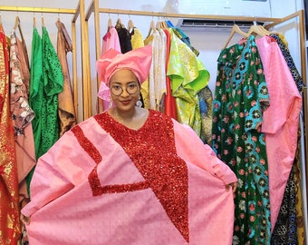 African Dress / Pink African Kaftan / Bazin Lace / Bubu Pink Red / Large African Boubou / Trendy Boubou