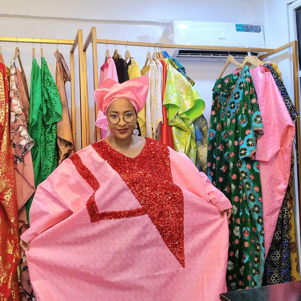 Robe Africaine / Kaftan Africaine Rose / Bazin  Dentelle / Bubu Pink Red / Grand Boubou Africain / Boubou Tendance