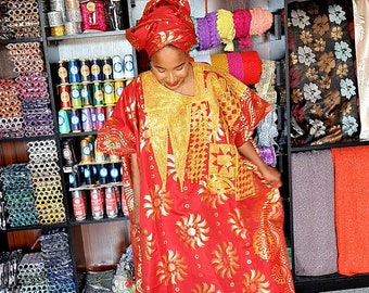 Boubou Ankara Damask / Boubou Brodé / Ready to Wear Bubu / Boubou en Wax / Robe Ample en Wax / Robe Wax Rouge / Robe avec Foulard