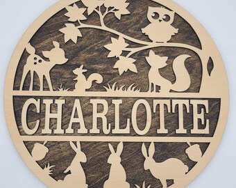 Adorno de pared personalizado con animales del bosque, decoración infantil cortada con láser