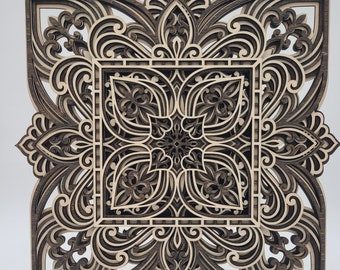 Mandala de madera cortada con láser para pared, decoración bicolor