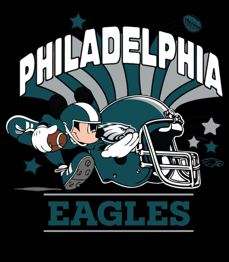 Op de afbeelding: Een cartoon Mickey Mouse in een groen-wit voetbaluniform en helm rent met een voetbal. Achter hem bevindt zich een groen-witte voetbalhelm met een adelaarlogo. De tekst "PHILADELPHIA EAGLES" staat boven en onder de afbeelding.