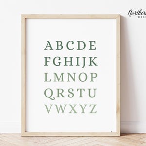 Salie alfabet kinderkamer print, vintage kinderkamer kunst, babyjongen kunst aan de muur, kinderkamer groene jongen decor, babykamer digitale print, vintage print