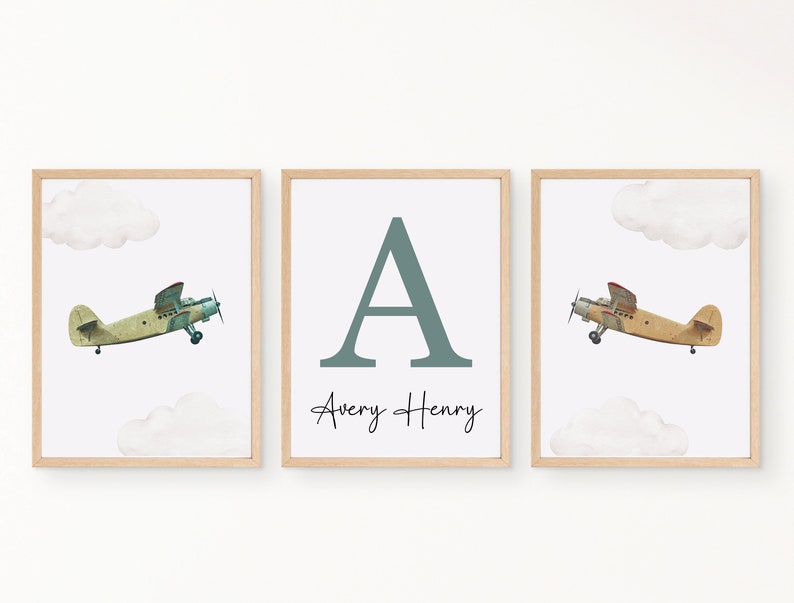 Personalised Airplane Nursery Wall Art, Custom Name Nursery Decor