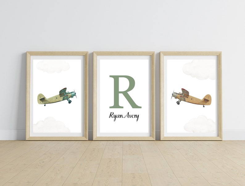 Personalised Airplane Nursery Wall Art Printable Custom Name Nursery