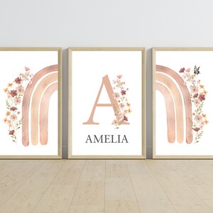 Personalized Rainbow and Wildflowers Wall Art Rainbow Nursery Prints Girl Boho Floral Nursery Art Blush Flowers Girl Room Decor Initial Name