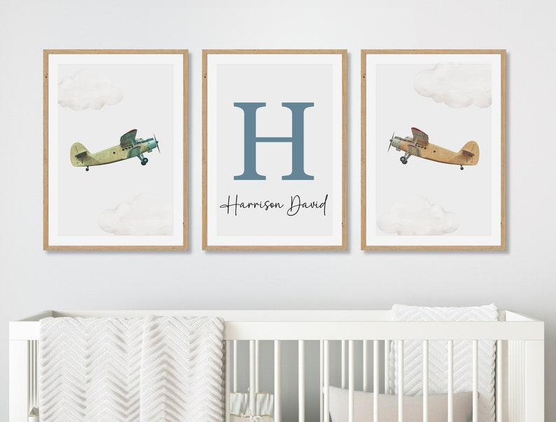 Personalised Airplane Nursery Wall Art, Custom Name Nursery Decor