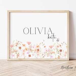 Wildflower kinderkamer kunst aan de muur, baby meisje kinderkamer digitale print, peuter meisjeskamer, Grandmillenial kinderkamer kunstprint, meisjes naam kinderkamer kunst