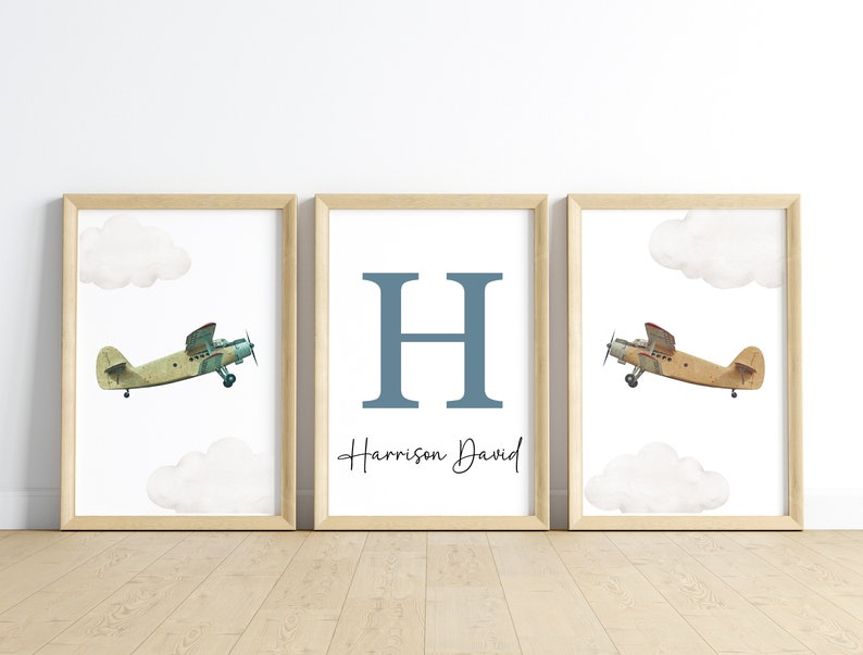 Personalised Airplane Nursery Wall Art, Custom Name Nursery Decor