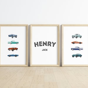 Stacked Cars Nursery Wall Art Custom Name Nursery Decor Boys Room Personalized Name Art Toddler Prints Baby Boy Name Sign Race Car Nursery