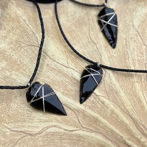 Black Obsidian Arrow Head Necklace, Wire Wrapped Necklace, Braided Black Necklace Cord