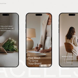 以下が含まれることがあります： 3つのスマートフォンに画像が表示されています。1つは白いチューリップの花束とテキスト「あなたが愛するものをすれば成功する」を表示しています。もう1つは、テキスト「ブランドを成長させる5つの方法」で書いている人を示しています。最後は、「月曜日のTo-Do」リストでラップトップで作業している人を示しています。