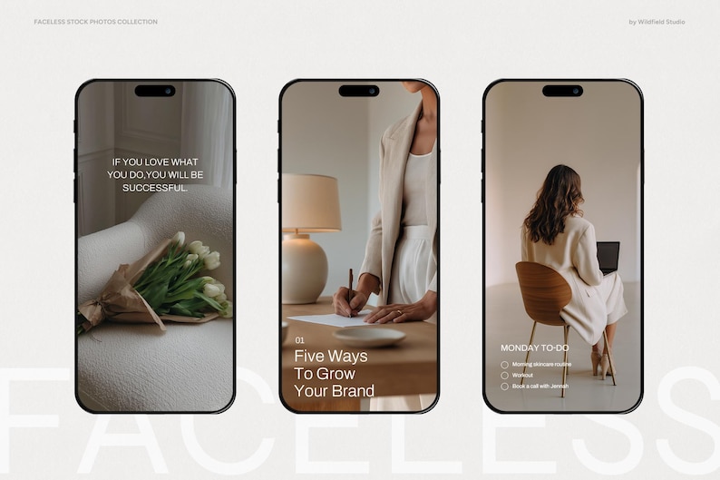 以下が含まれることがあります： 3つのスマートフォンに画像が表示されています。1つは白いチューリップの花束とテキスト「あなたが愛するものをすれば成功する」を表示しています。もう1つは、テキスト「ブランドを成長させる5つの方法」で書いている人を示しています。最後は、「月曜日のTo-Do」リストでラップトップで作業している人を示しています。