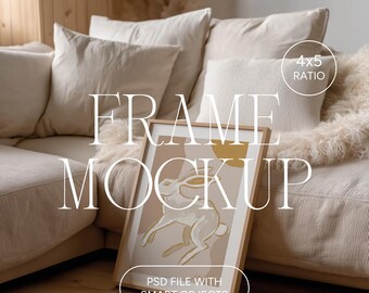 Vertical Frame Mockup, 4:5 Ratio, Thin Wooden Frame Poster Mockup, Photoshop Photopea PSD for Artwork and Prints, Living Room Frame Mockup
