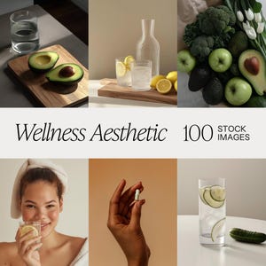 Op de afbeelding: Wellness-esthetische collage met afbeeldingen van verse producten, water en een persoon die een capsule vasthoudt. De tekst "Wellness Aesthetic 100 Stock Images" is zichtbaar onderaan de collage.