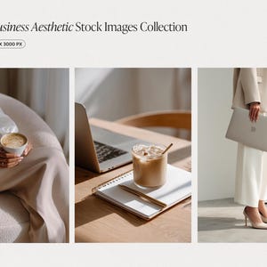 以下が含まれることがあります： 3つのシーンがある、美的ストック画像コレクション。コーヒーカップを持つ人、ラップトップとアイスコーヒー、ラップトップを持つ人がいます。「Neutral Business Aesthetic Stock Images Collection」というテキストが上部にあります。