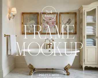 Set of 3 Vertical Gold Frame Mockup, 3:4 Ratio, Bathroom Poster Mockup, Photoshop Photopea PSD for Artwork and Prints