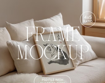 Vertical Frame Mockup, 4:5 Ratio, Thin Wooden Frame Poster Mockup, Photoshop Photopea PSD for Artwork and Prints, Living Room Frame Mockup