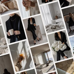 May include: A collage of images featuring a variety of interior design elements, including a white couch, a laptop, a coffee cup, and a bouquet of white flowers. The images are arranged in a grid pattern and are all in a minimalist style.