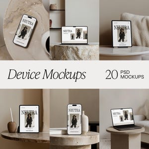 20 estetiska digitala produktmodeller: MacBook Air-modell, iPhone 15, iPad, bärbar dator, surfplatta, datorskärm, webbplats, enhetsmodeller