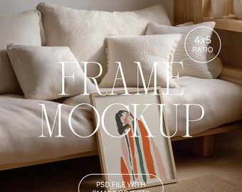 Vertical Frame Mockup, 4:5 Ratio, Thin Wooden Frame Poster Mockup, Photoshop Photopea PSD for Artwork and Prints, Living Room Frame Mockup