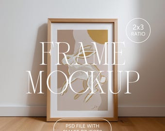 Vertical Frame Mockup, 2:3 Ratio, Thin Wooden Frame Poster Mockup, Photoshop Photopea PSD for Artwork and Prints, Leaning Frame Mockup