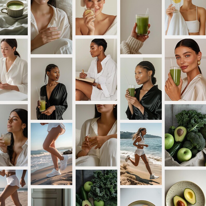 K&ouml;nnte beinhalten: Eine Collage aus Bildern, die Menschen zeigen, die gesunde Getr&auml;nke und Lebensmittel genie&szlig;en. Die Bilder zeigen gr&uuml;ne Smoothies, Avocado-Toast und frisches Obst und Gem&uuml;se. Die Collage ist eine lebendige und farbenfrohe Darstellung eines gesunden Lebensstils.