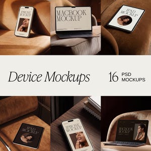 May include: A collection of 16 PSD device mockups featuring an iPhone, a MacBook, and an iPad. The screens display text including IPHONE MOCKUP, MACBOOK MOCKUP, and IPAD MOCKUP alongside photographic portraits, presented in various interior settings.