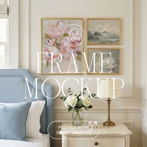 May include: A mockup featuring three framed artworks with gold frames. The top two frames display landscape paintings, while the bottom frame showcases a swan. The largest frame features a floral painting. The text "FRAME MOCKUP" is overlaid on the image.