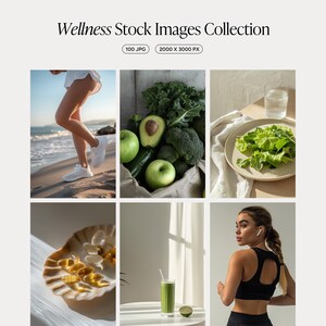 K&ouml;nnte beinhalten: Eine Sammlung von Wellness-Stockbildern mit einer Person, die am Strand l&auml;uft, einer Sch&uuml;ssel mit gr&uuml;nem Gem&uuml;se, einem Teller Salat, einer Sch&uuml;ssel mit gelben Kapseln, einem gr&uuml;nen Smoothie und einer Frau, die einen schwarzen Sport-BH und Leggings tr&auml;gt.