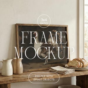 May include: A framed artwork with a vintage turkey painting, displayed on a rustic wooden shelf. The shelf also holds two ceramic pitchers, a checkered napkin, and sliced bread. The text "FRAME MOCKUP" is overlaid on the artwork.