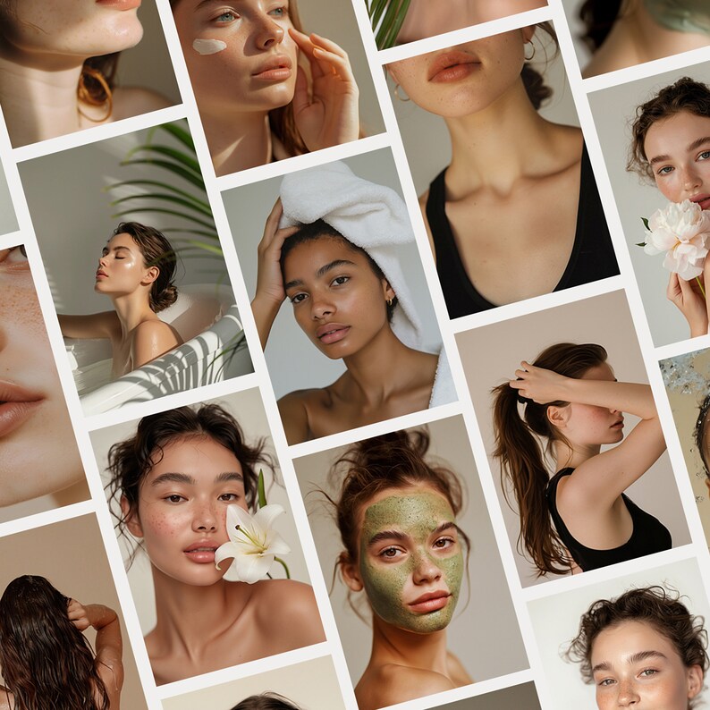 May include: A collage of images featuring diverse individuals, showcasing skincare routines. The images include close-ups of faces with skincare products applied, people in bathtubs, and individuals with flowers. The color palette is soft, with natural lighting and a focus on beauty and wellness.