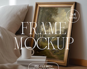 Vertical Frame Mockup, 3:4 Ratio, Vintage Gold Frame Poster Mockup, Photoshop Photopea PSD for Artwork and Prints, Minimalistic Frame Mockup