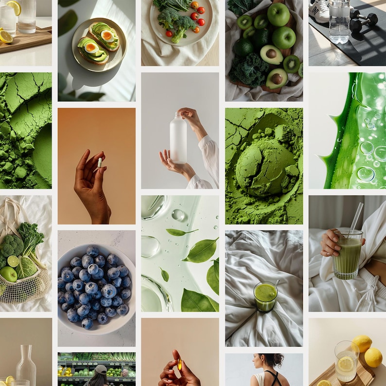 K&ouml;nnte beinhalten: Eine Collage aus Bildern mit verschiedenen gr&uuml;nen und gesunden Speisen und Getr&auml;nken, darunter Avocado-Toast, gr&uuml;ne Smoothies, Matcha-Pulver und frische Produkte. Die Bilder sind in einem Raster angeordnet und erzeugen eine optisch ansprechende und gesunde &Auml;sthetik.