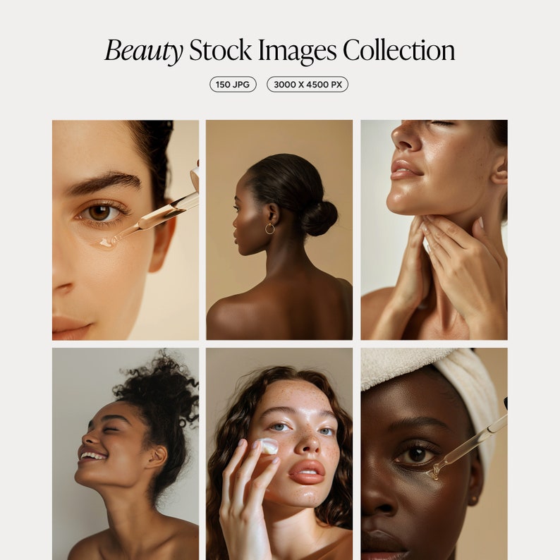 May include: A collection of beauty stock images featuring diverse models. The images showcase close-ups of faces with skincare products being applied. The text "Beauty Stock Images Collection" is at the top, along with image details.