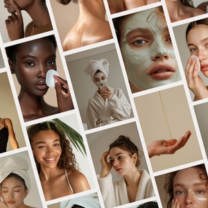 May include: A collage of images showcasing skincare and beauty routines. The images feature diverse individuals applying face masks, using cotton pads, and enjoying self-care rituals. The color palette is soft, with neutral tones and a focus on skin health and wellness.