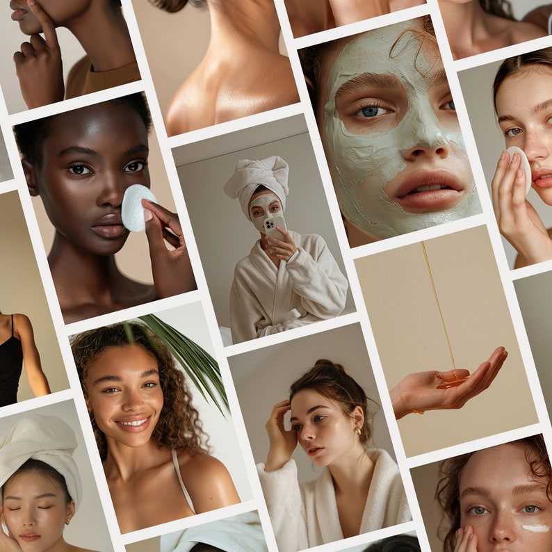 May include: A collage of images showcasing skincare and beauty routines. The images feature diverse individuals applying face masks, using cotton pads, and enjoying self-care rituals. The color palette is soft, with neutral tones and a focus on skin health and wellness.