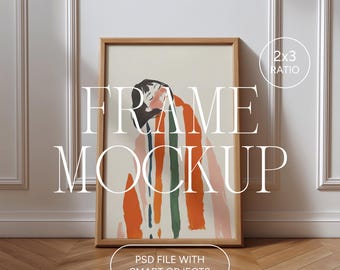 Vertical Frame Mockup, 2:3 Ratio, Thin Wooden Frame Poster Mockup, Photoshop Photopea PSD for Artwork and Prints, Leaning Frame Mockup