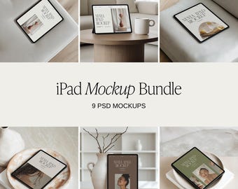 May include: A set of nine iPad mockups in various settings, including on a table, a couch, and a wooden tray. The mockups feature a white iPad with a screen displaying a website design. The text on the screen reads "NUVIA IPAD MOCKUP".